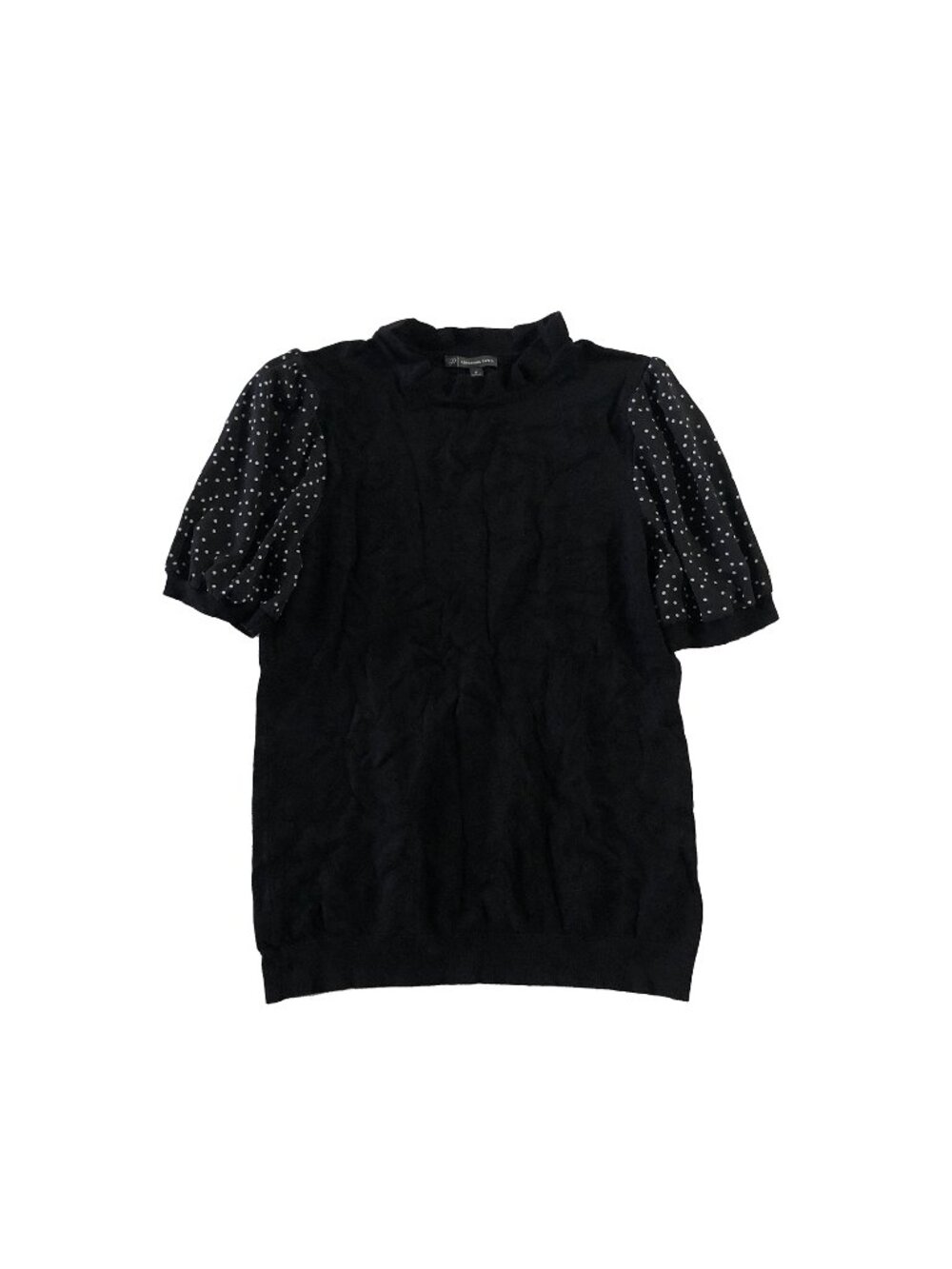 Adrianna Papell Top Womens Sz M Black Knit Polka Dots Sleeve Ruffle Neck Sweater